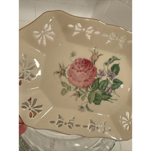 Victorian Rose Collection by Lenox Pierced Ribbon Rectangular Vanity Tray 9" USA - Picture 2 of 16